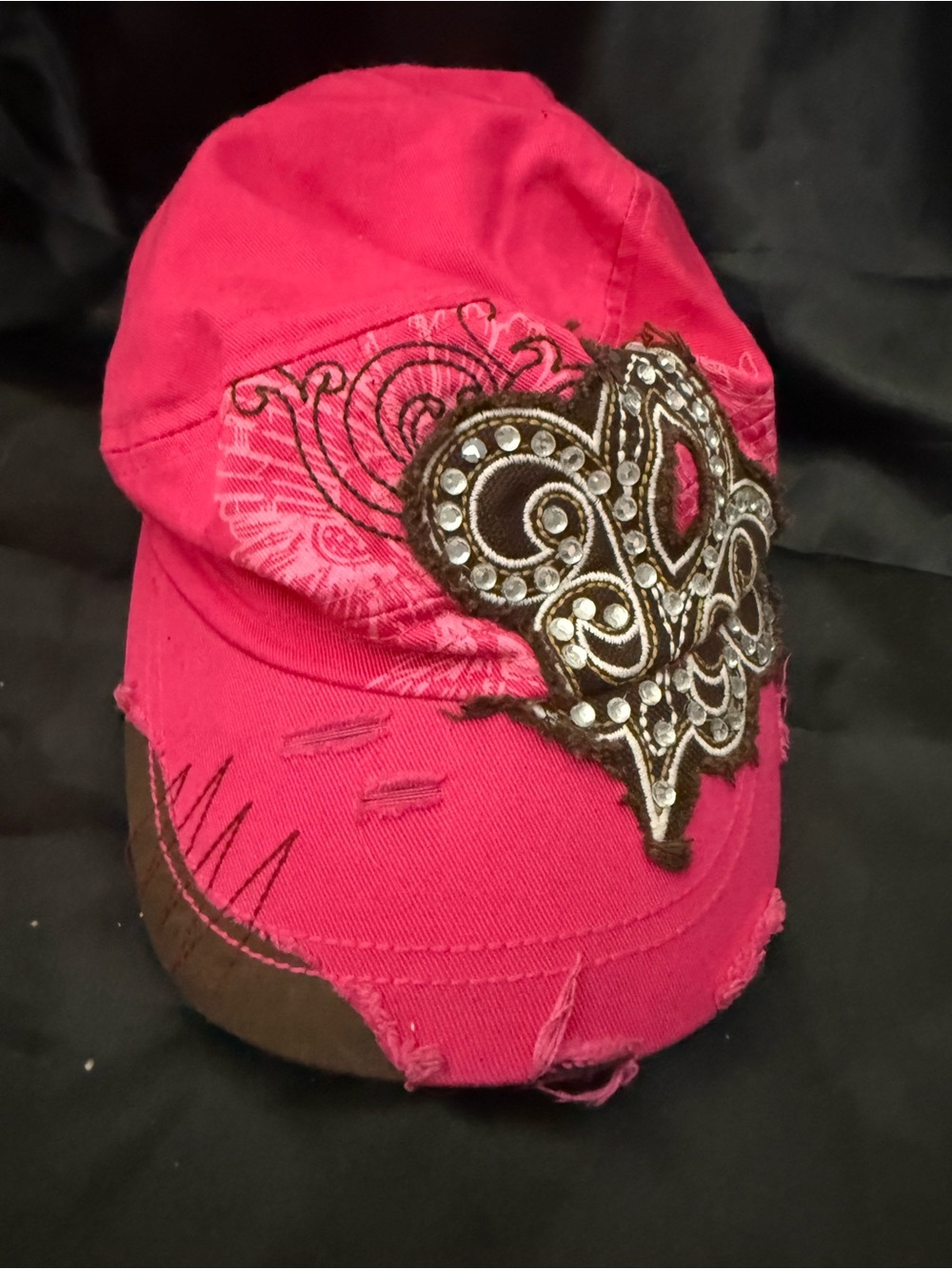 Pink and Brown Fleur De Lis Embellish Distressed Cadets Hat w/ Rhinestones